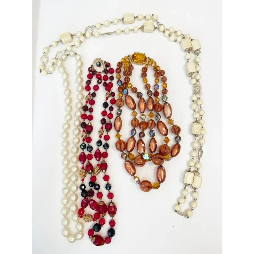 Vintage Necklace Lot Beaded Faux Pearl Amber Red Statement Retro Jewelry 4